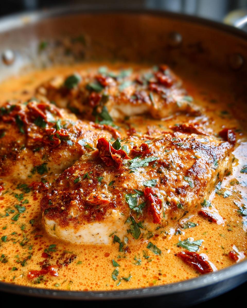 Close-up of seared chicken breasts simmering in a rich, creamy tomato sauce for Marry Me Chicken.