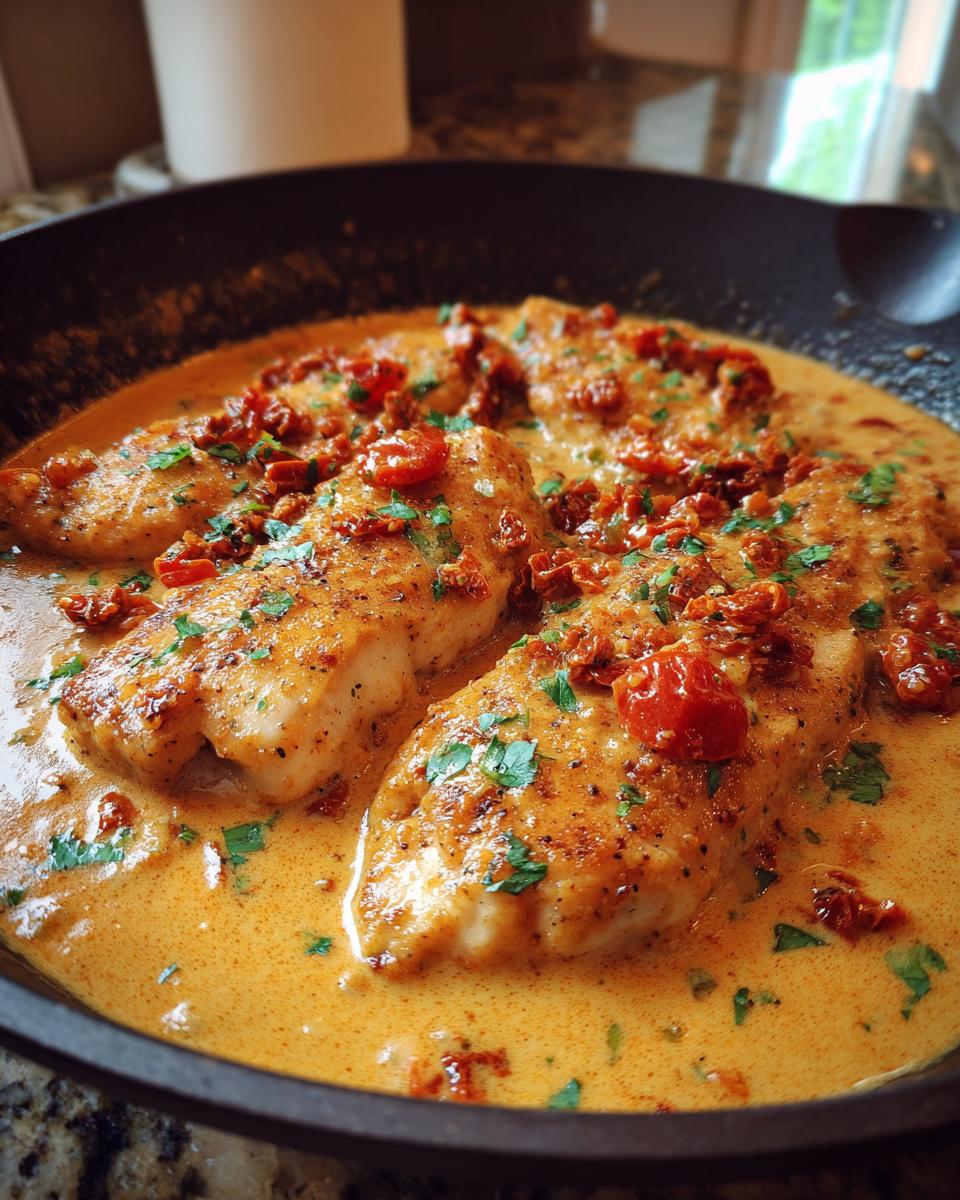 Close-up of creamy Marry Me Chicken breasts simmering in a rich, orange-hued sauce topped with sun-dried tomatoes and parsley.