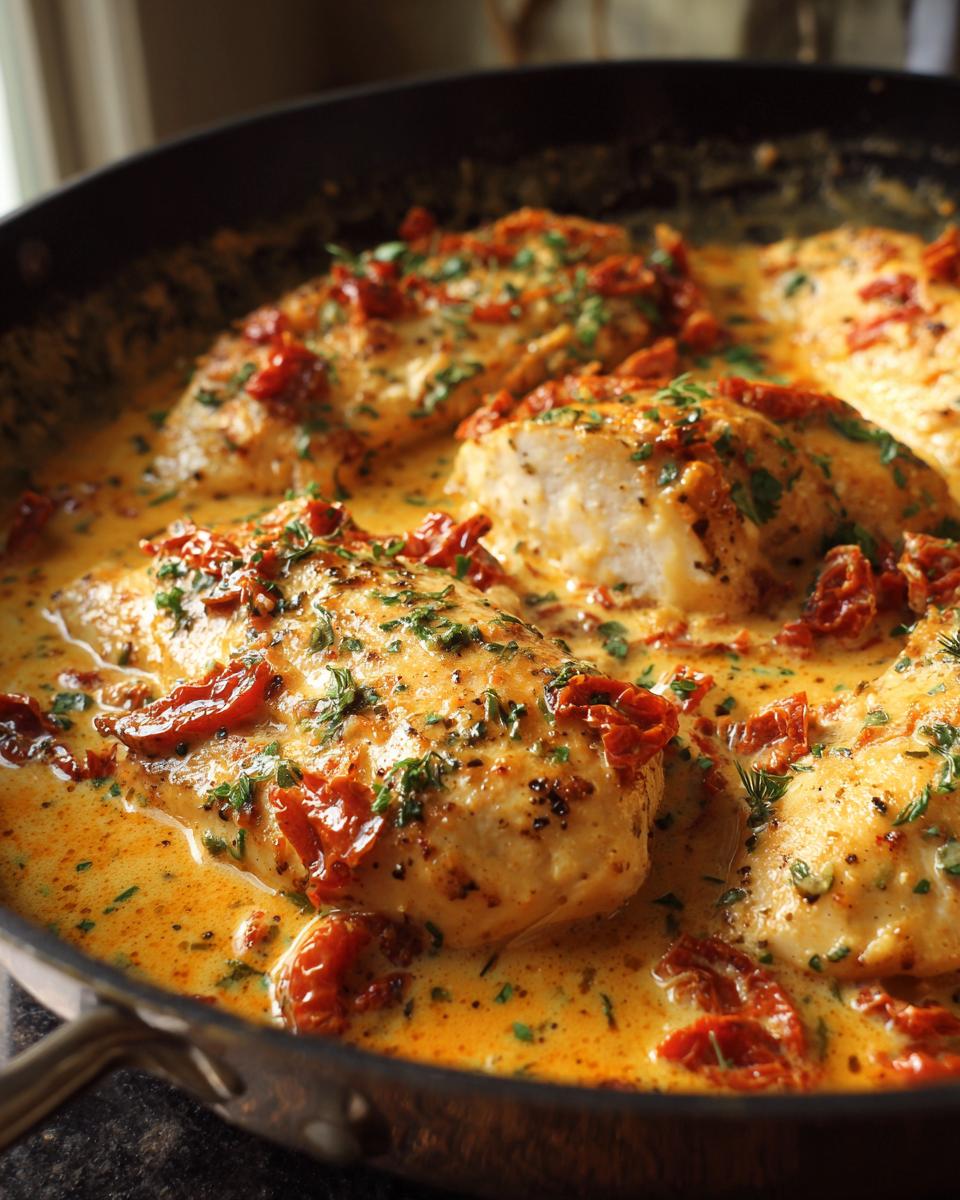 Close-up of several chicken breasts simmering in a rich, creamy sauce with sun-dried tomatoes, making delicious marry me chicken.