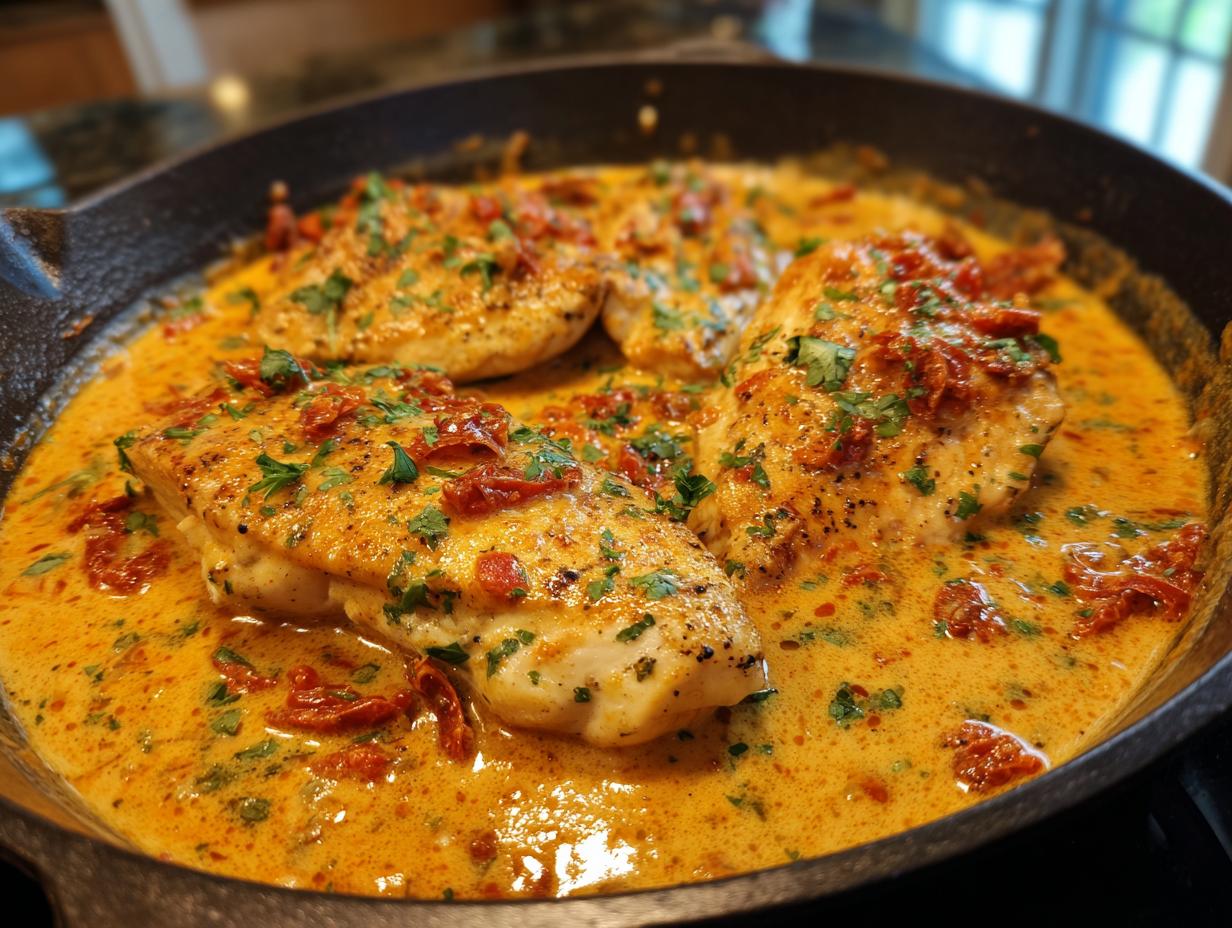 Three pieces of seared chicken breast swimming in a rich, creamy sauce with sun-dried tomatoes and herbs, known as Marry Me Chicken.