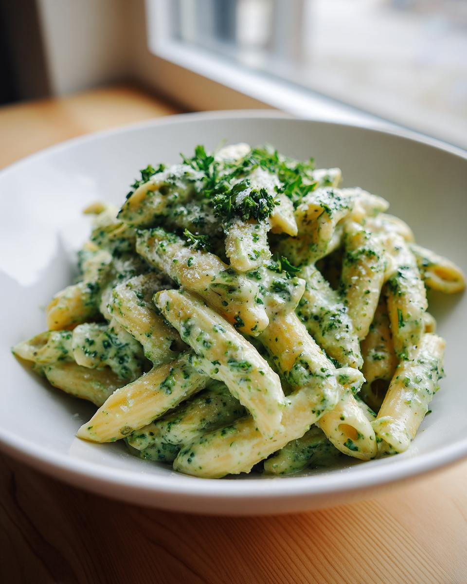 Close-up of creamy broccoli pasta made with penne, topped with fresh parsley and Parmesan cheese.