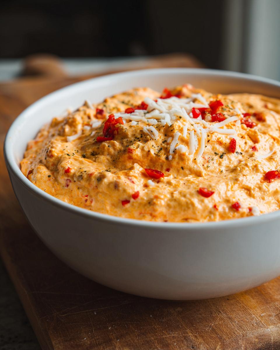 Close-up of a creamy, orange-colored boat dip in a white bowl, garnished with shredded cheese and red pepper pieces.