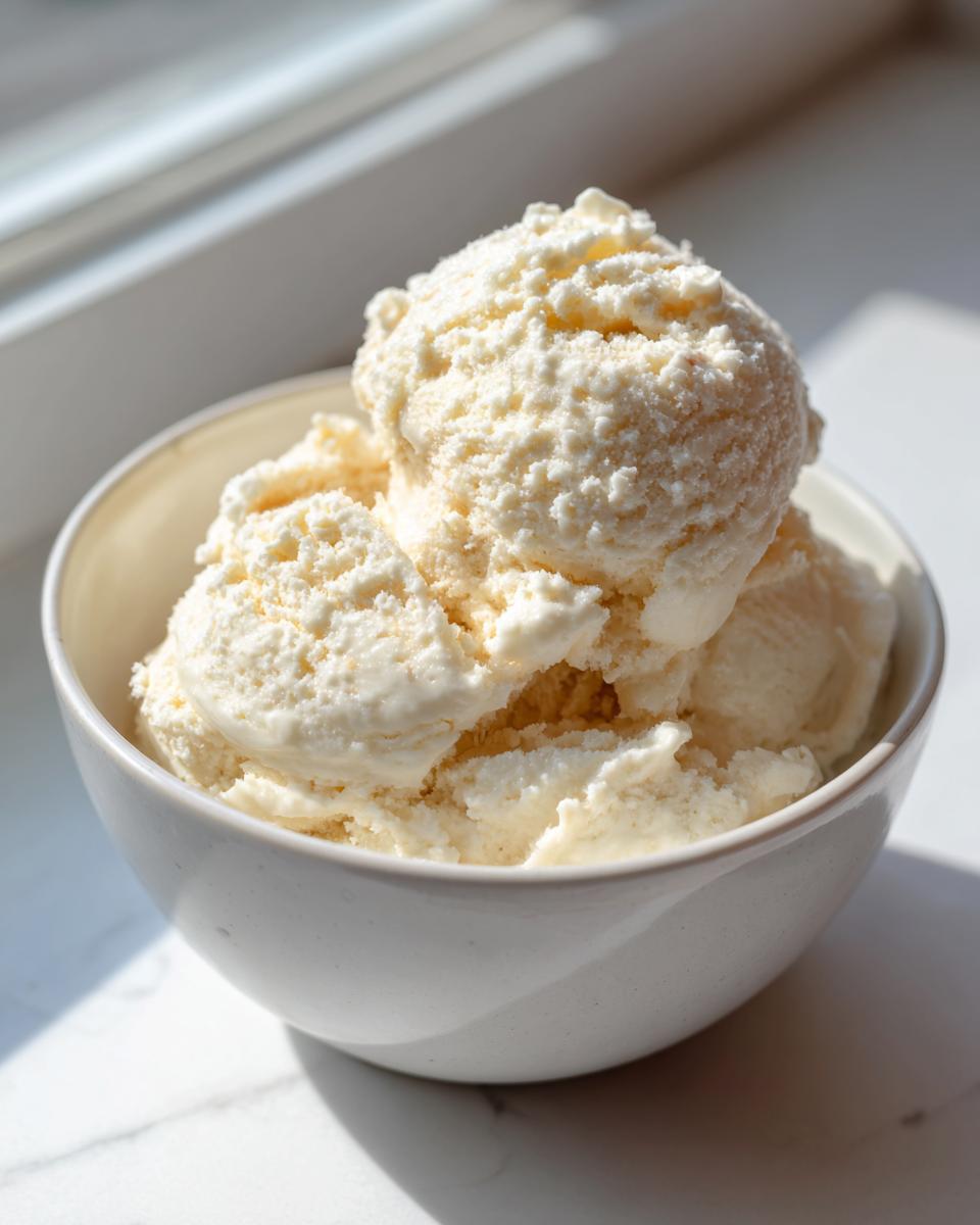 Three generous scoops of creamy, pale yellow protein ice cream served in a white bowl near a window.