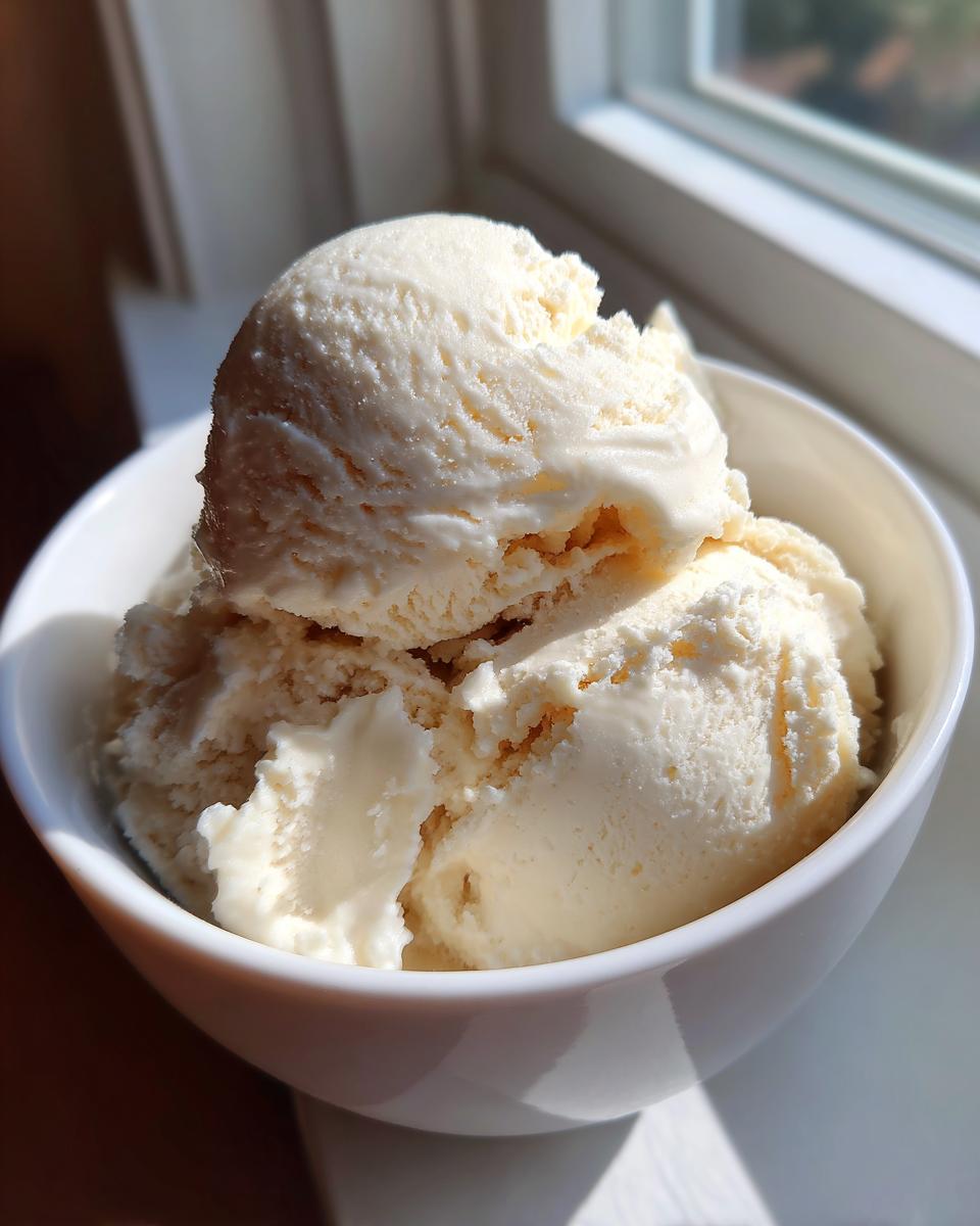 Two scoops of creamy, vanilla-colored protein ice cream served in a white bowl near a sunlit window.