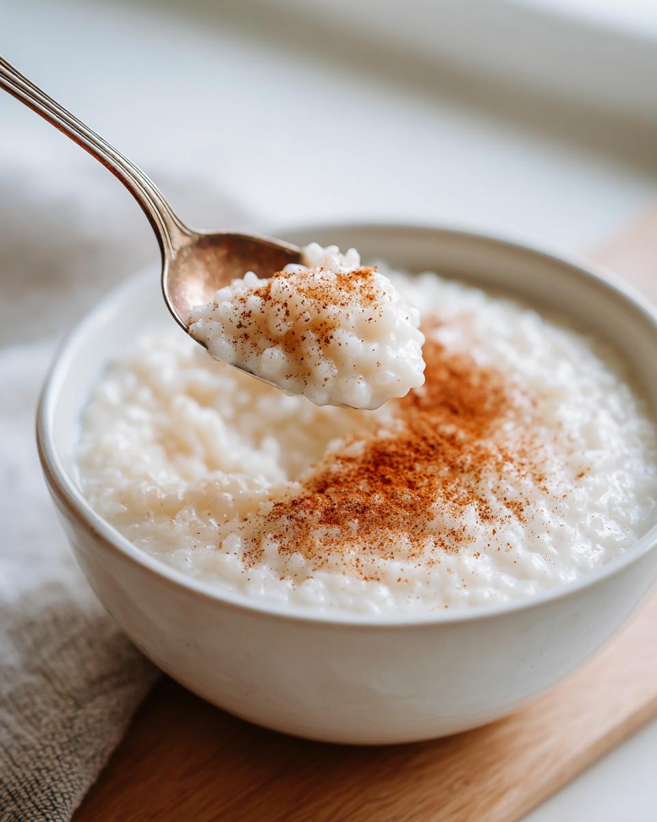 A spoonful of creamy rice pudding recipe topped with cinnamon being lifted from a white bowl.