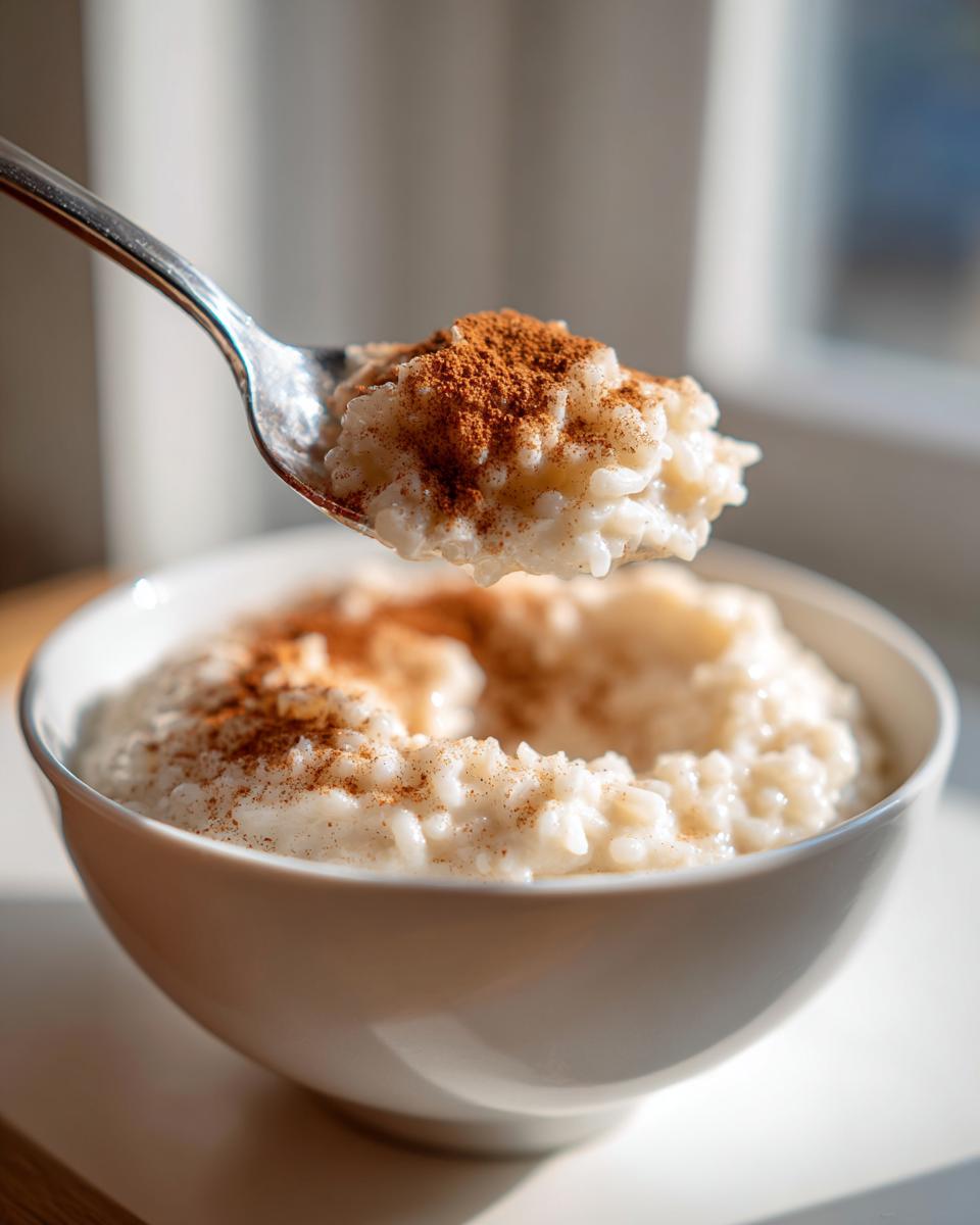 A spoonful of creamy rice pudding recipe topped with cinnamon being lifted from a white bowl.