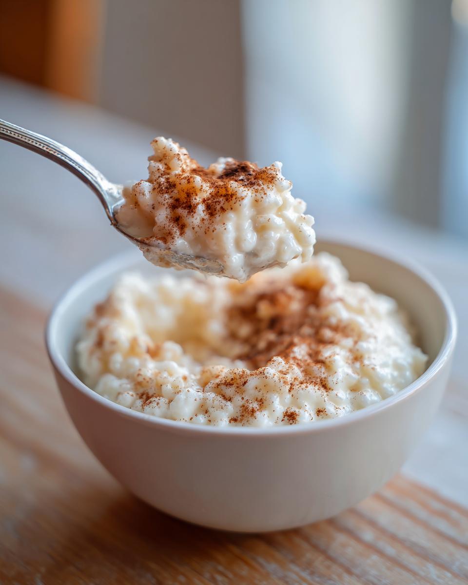 A spoonful of creamy rice pudding recipe topped with cinnamon being lifted from a white bowl.