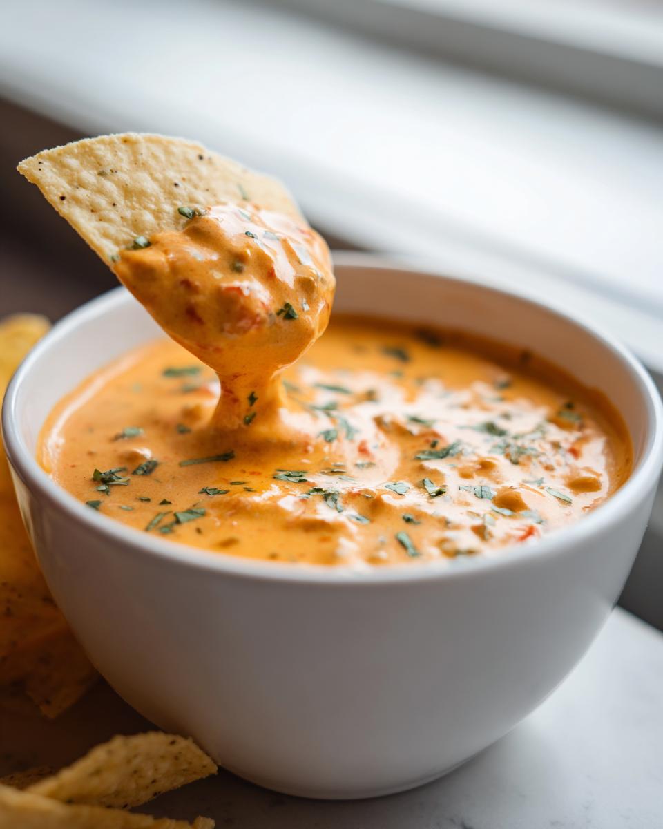 A tortilla chip generously coated and dripping with creamy, orange rotel dip, served in a white bowl.
