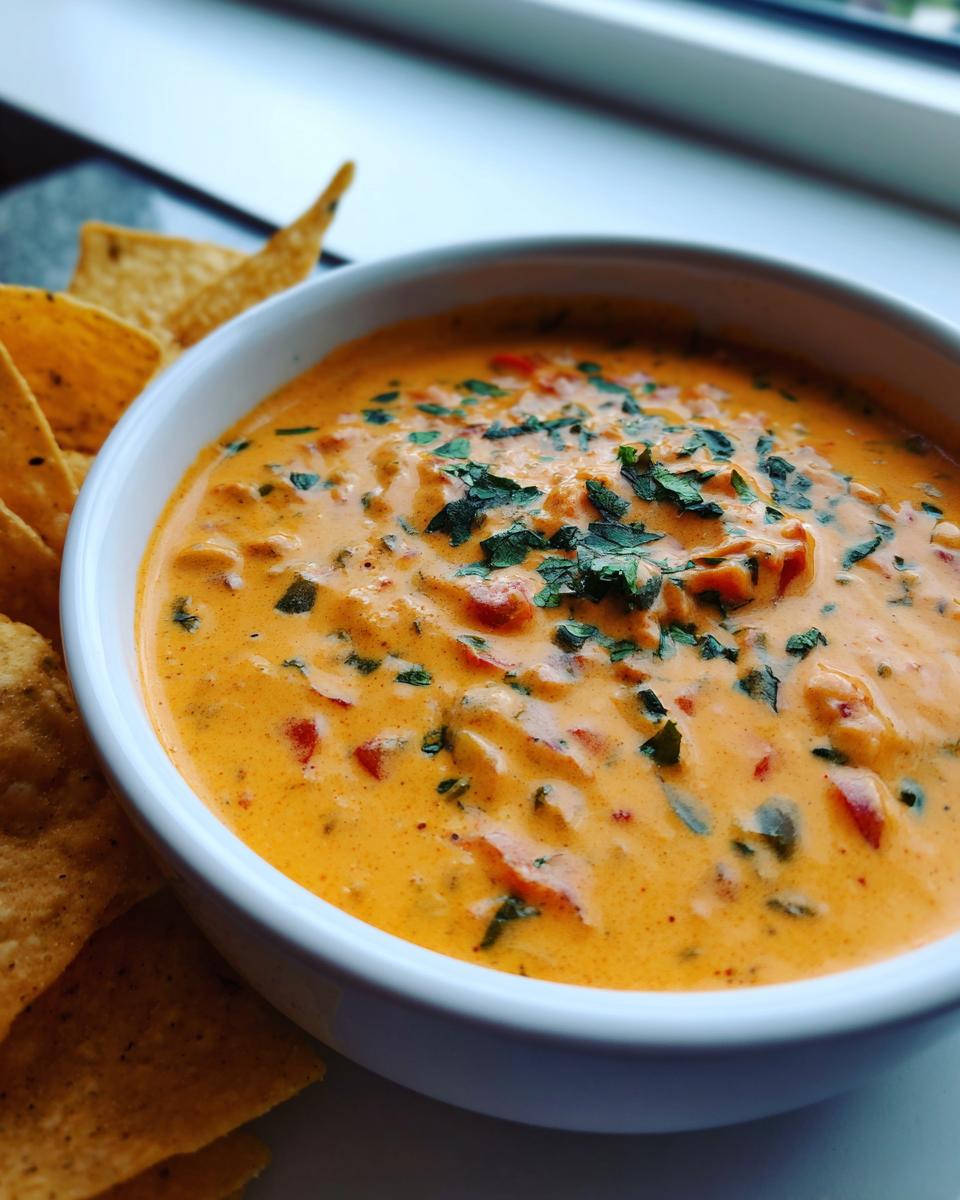 Close-up of a bowl of warm, orange rotel dip topped with fresh cilantro, served next to tortilla chips.