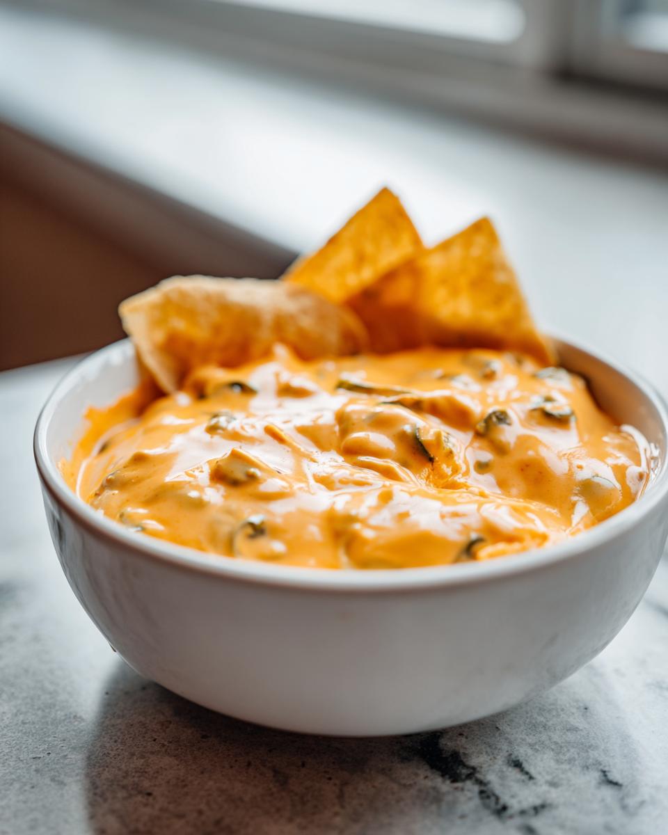 A close-up of warm, creamy rotel dip served in a white bowl with tortilla chips for dipping.