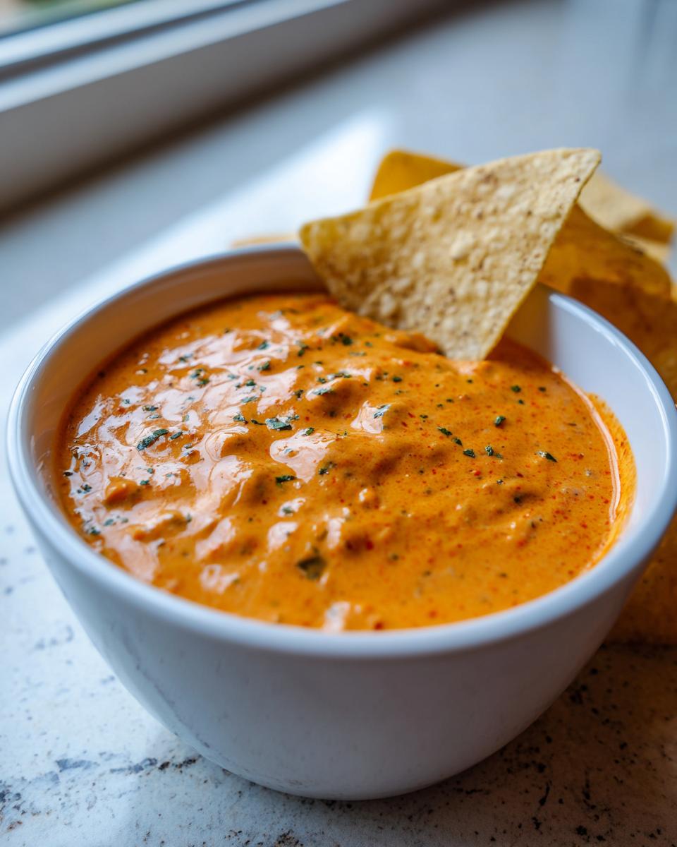 Close-up of a white bowl filled with creamy, orange Rotel dip, garnished with herbs, next to tortilla chips.