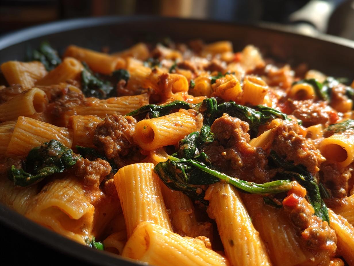 Close-up of creamy sausage pasta featuring rigatoni, crumbled sausage, and wilted spinach in a rich sauce.