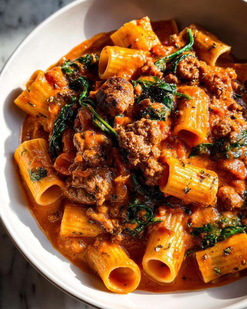 Close-up of creamy sausage pasta featuring rigatoni tubes coated in a rich, orange-red sauce with ground sausage and wilted spinach.