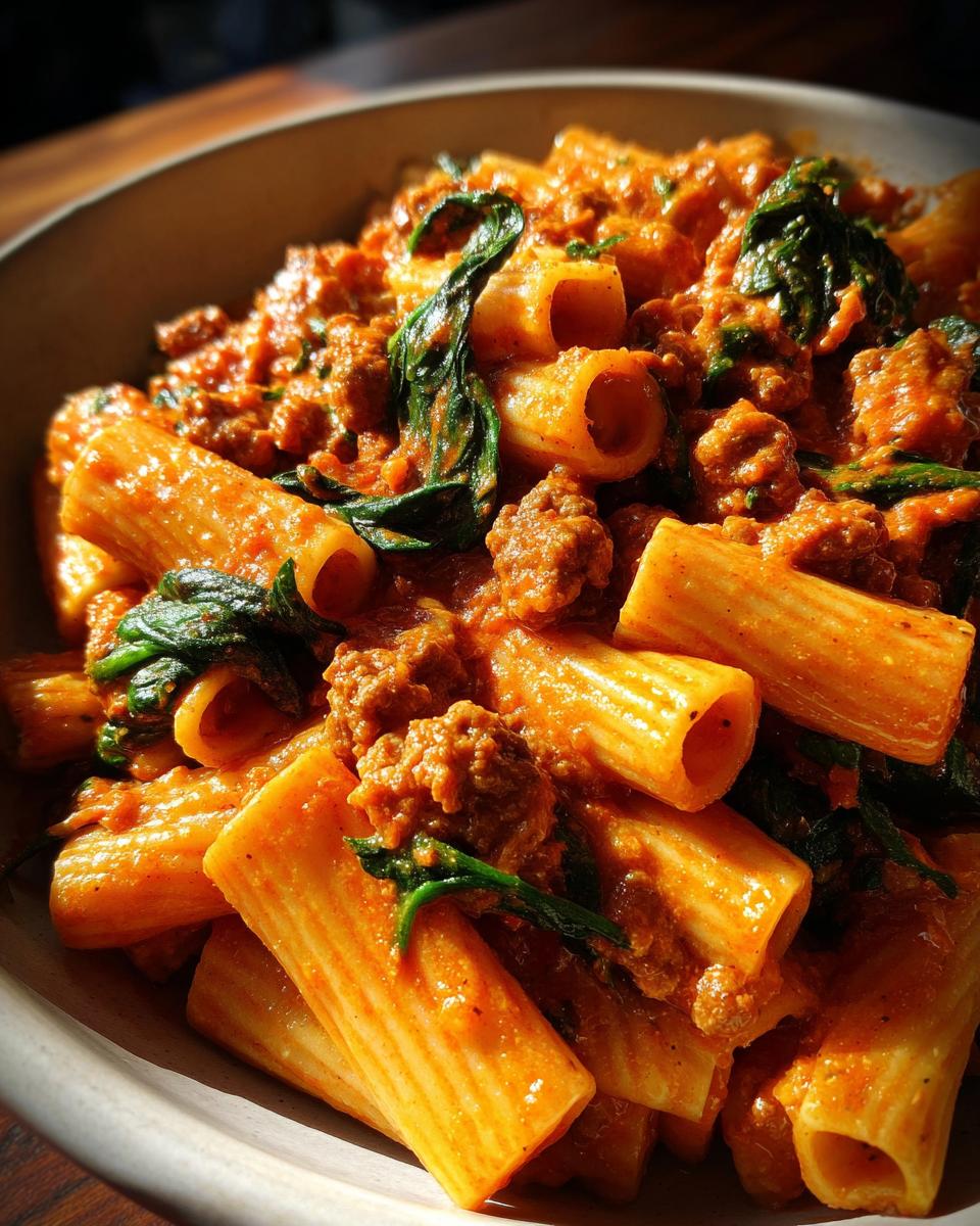 Close-up of creamy sausage pasta featuring rigatoni tubes coated in a rich tomato sauce with crumbled sausage and wilted spinach.