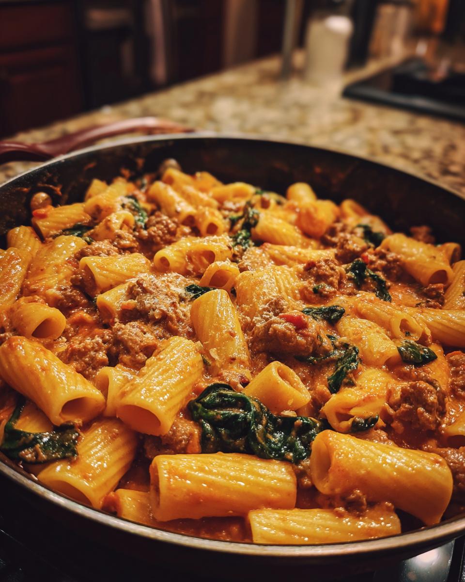 Close-up of creamy sausage pasta made with rigatoni, rich sauce, and wilted spinach in a dark skillet.
