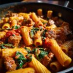 Close-up of creamy sausage pasta made with rigatoni, sausage crumbles, spinach, and tomato sauce.