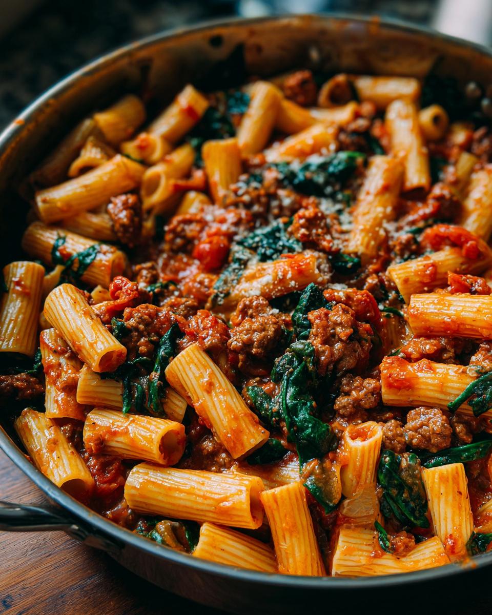 Close-up of creamy sausage pasta with rigatoni, rich tomato sauce, spinach, and grated cheese in a skillet.