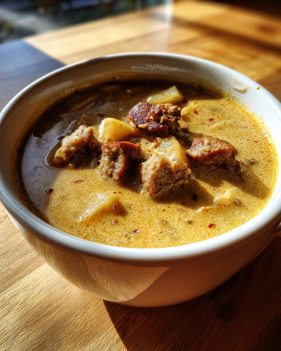 Close-up of a white bowl filled with creamy sausage potato soup, showing chunks of sausage and potatoes.