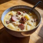 Close-up of a creamy bowl of sausage potato soup featuring chunks of potato and sliced smoked sausage.