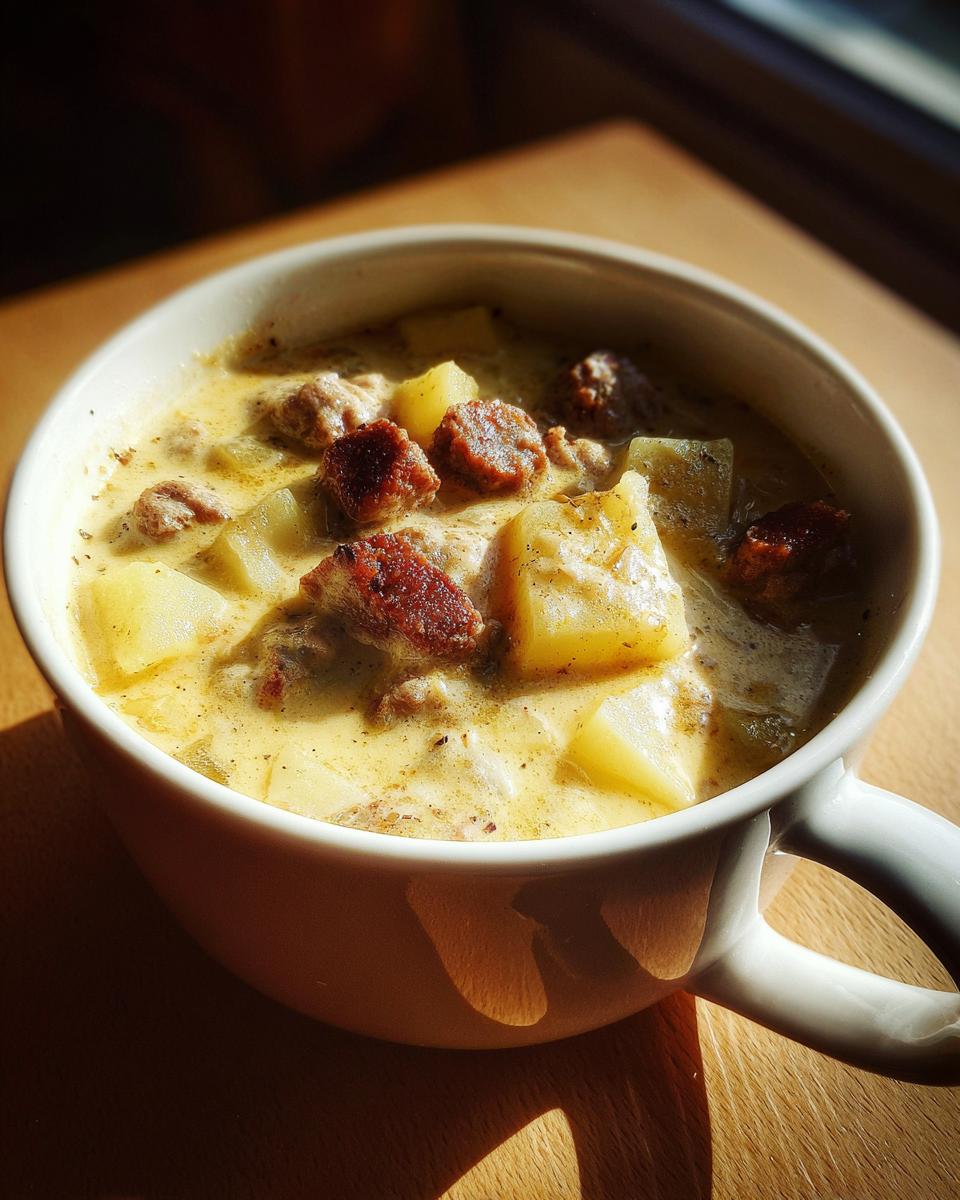 A close-up of a creamy sausage potato soup served in a white mug, highlighted by warm sunlight.