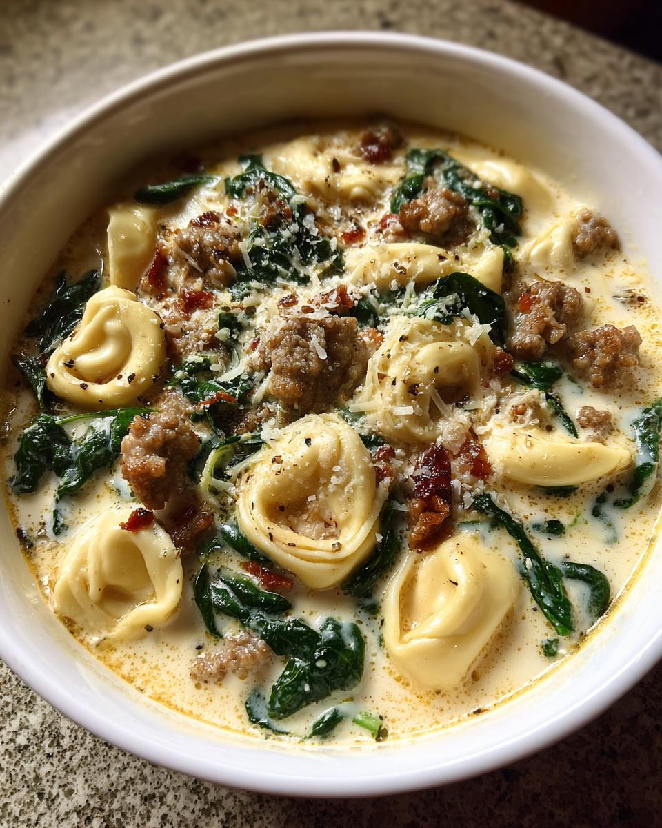 Close-up of a white bowl filled with creamy sausage tortellini soup, featuring tortellini, sausage crumbles, spinach, and grated Parmesan.