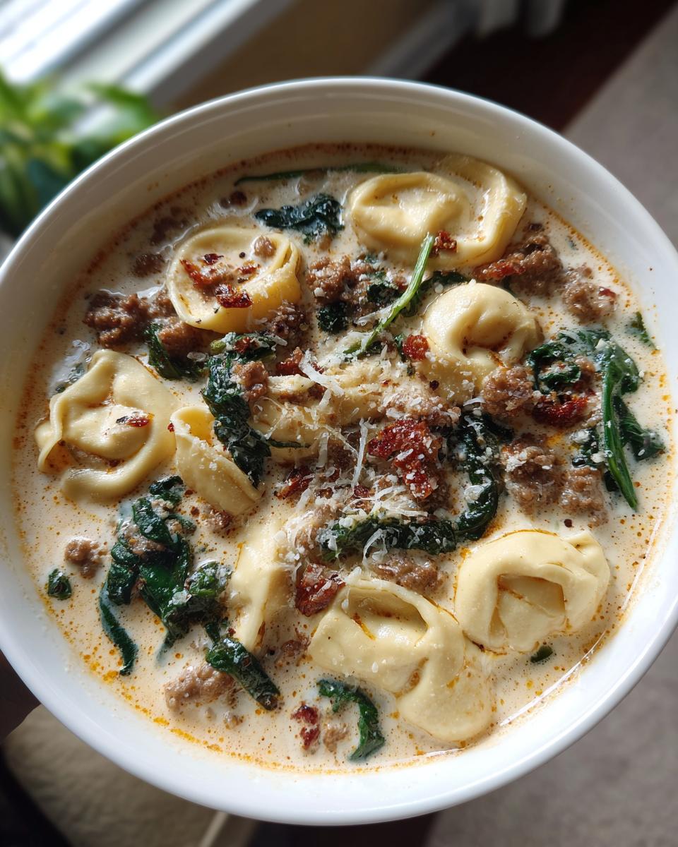 Overhead view of a white bowl filled with creamy sausage tortellini soup, featuring tortellini, sausage crumbles, spinach, and grated Parmesan.