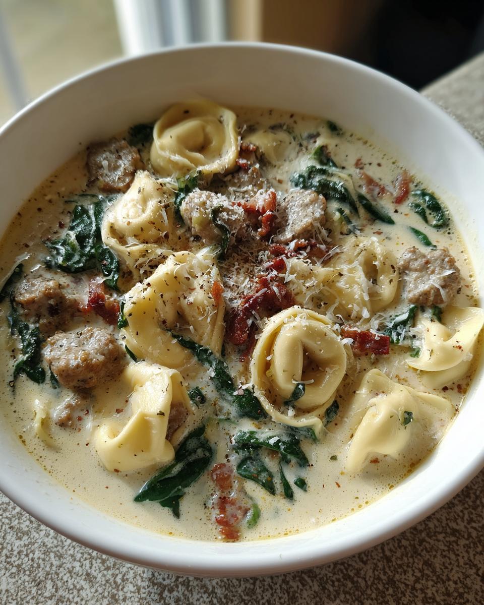 Close-up of a white bowl filled with creamy sausage tortellini soup, featuring tortellini, sausage chunks, spinach, and grated Parmesan.