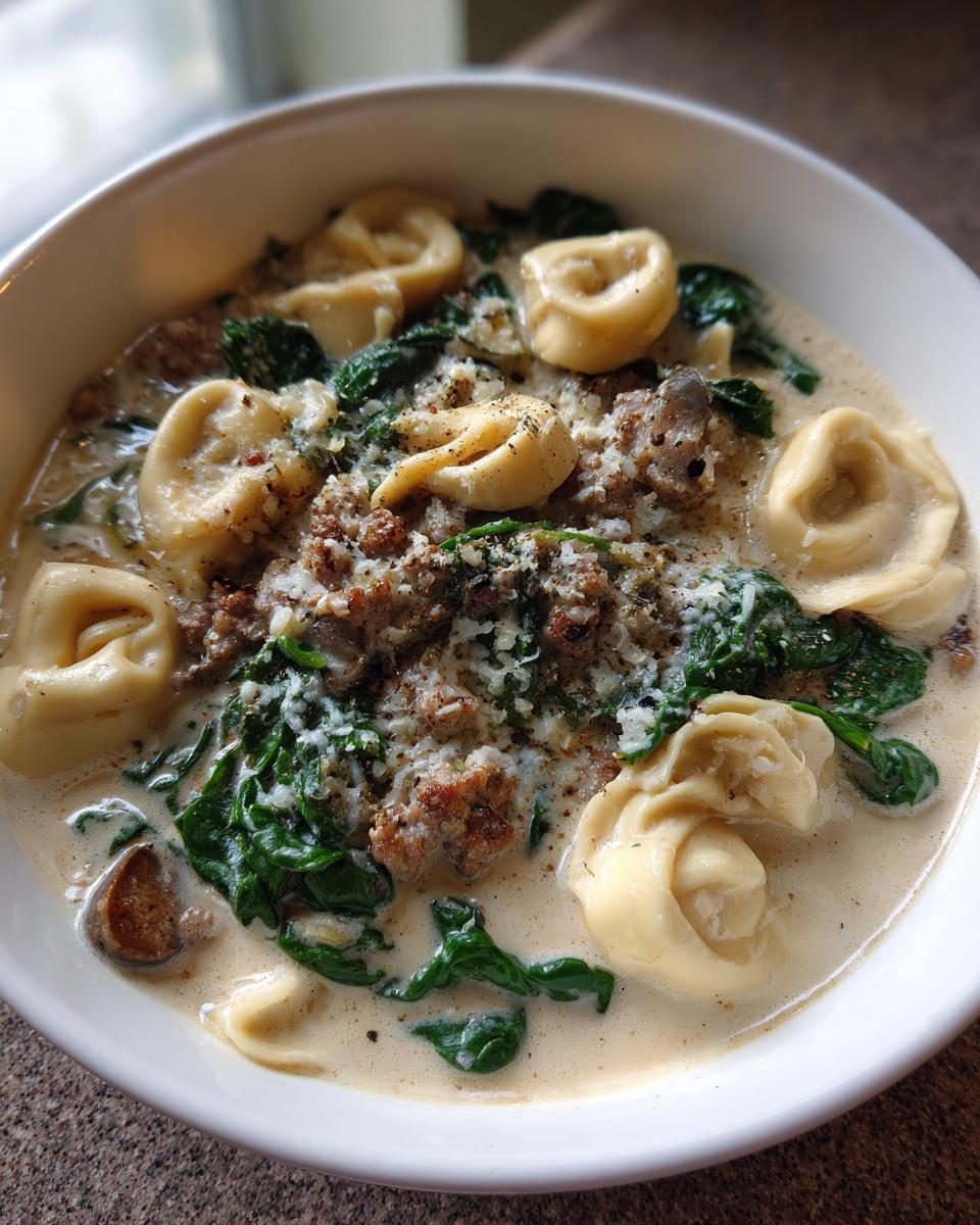 Close-up of a bowl of creamy sausage tortellini soup, featuring pasta, browned sausage, spinach, and grated cheese.