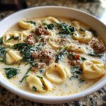 A close-up, appetizing view of creamy sausage tortellini soup with spinach and grated parmesan cheese.