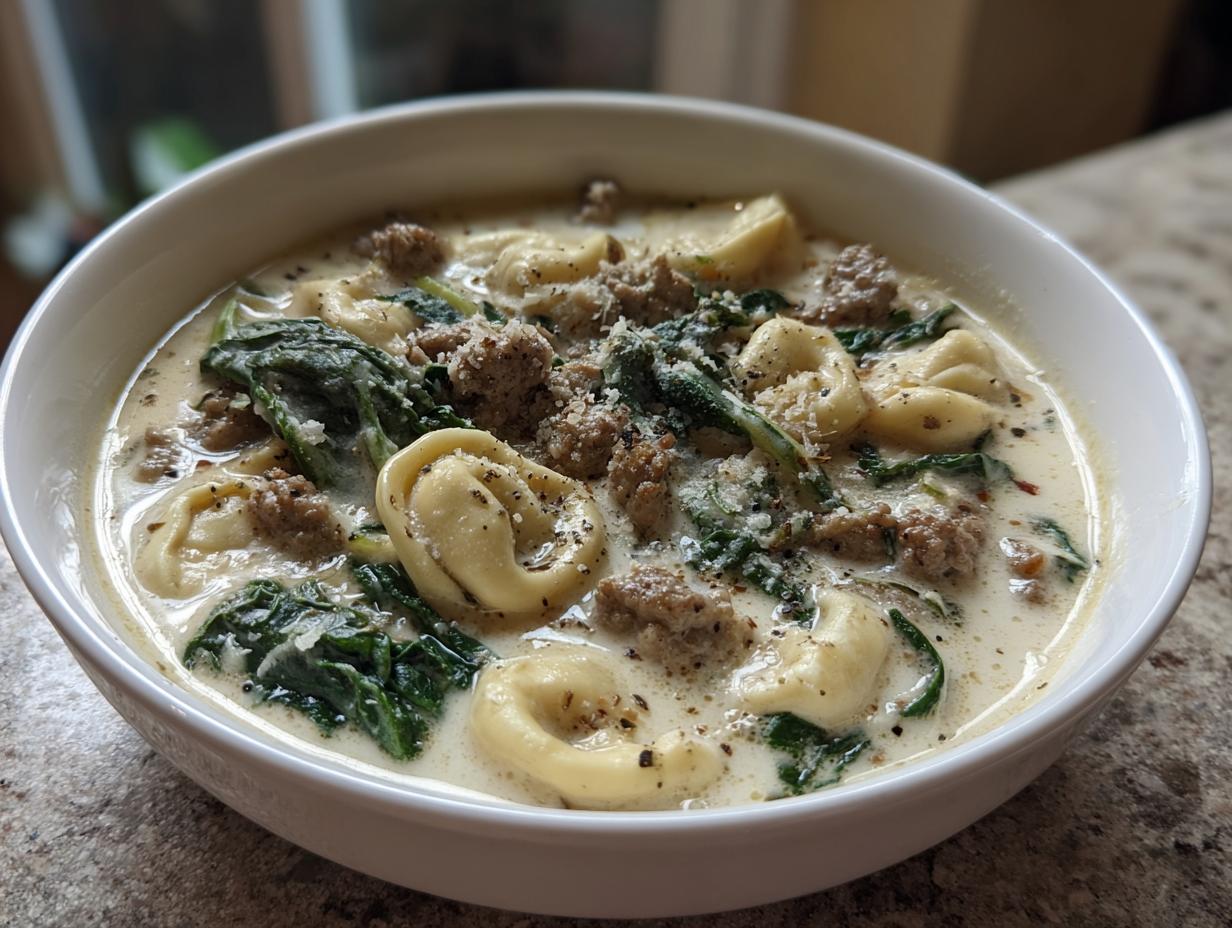Close-up of a white bowl filled with creamy sausage tortellini soup, featuring sausage crumbles and wilted spinach.