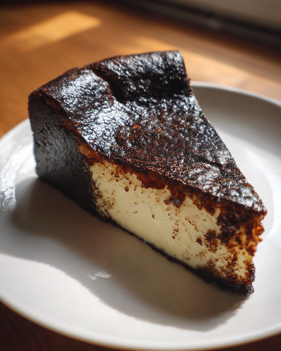 A perfect slice of creamy basque burnt cheesecake with a dark, caramelized top, served on a white plate.
