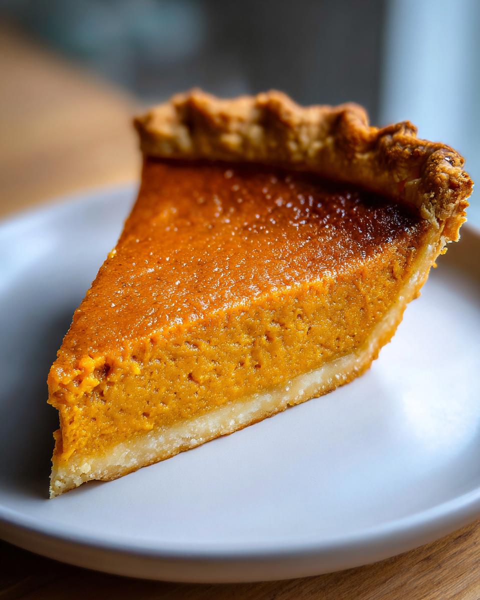 A close-up view of a perfectly baked slice of creamy sweet potato pie on a white plate.