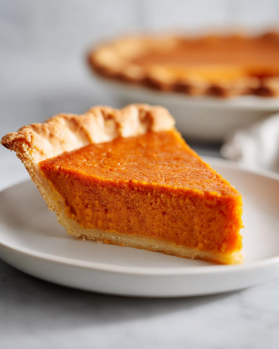 A close-up shot of a thick, creamy slice of sweet potato pie on a white plate.