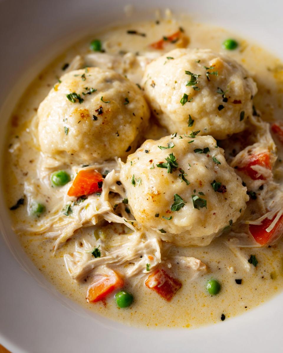 Three fluffy dumplings resting on shredded chicken and vegetables in a creamy sauce for slow cooker chicken and dumplings.