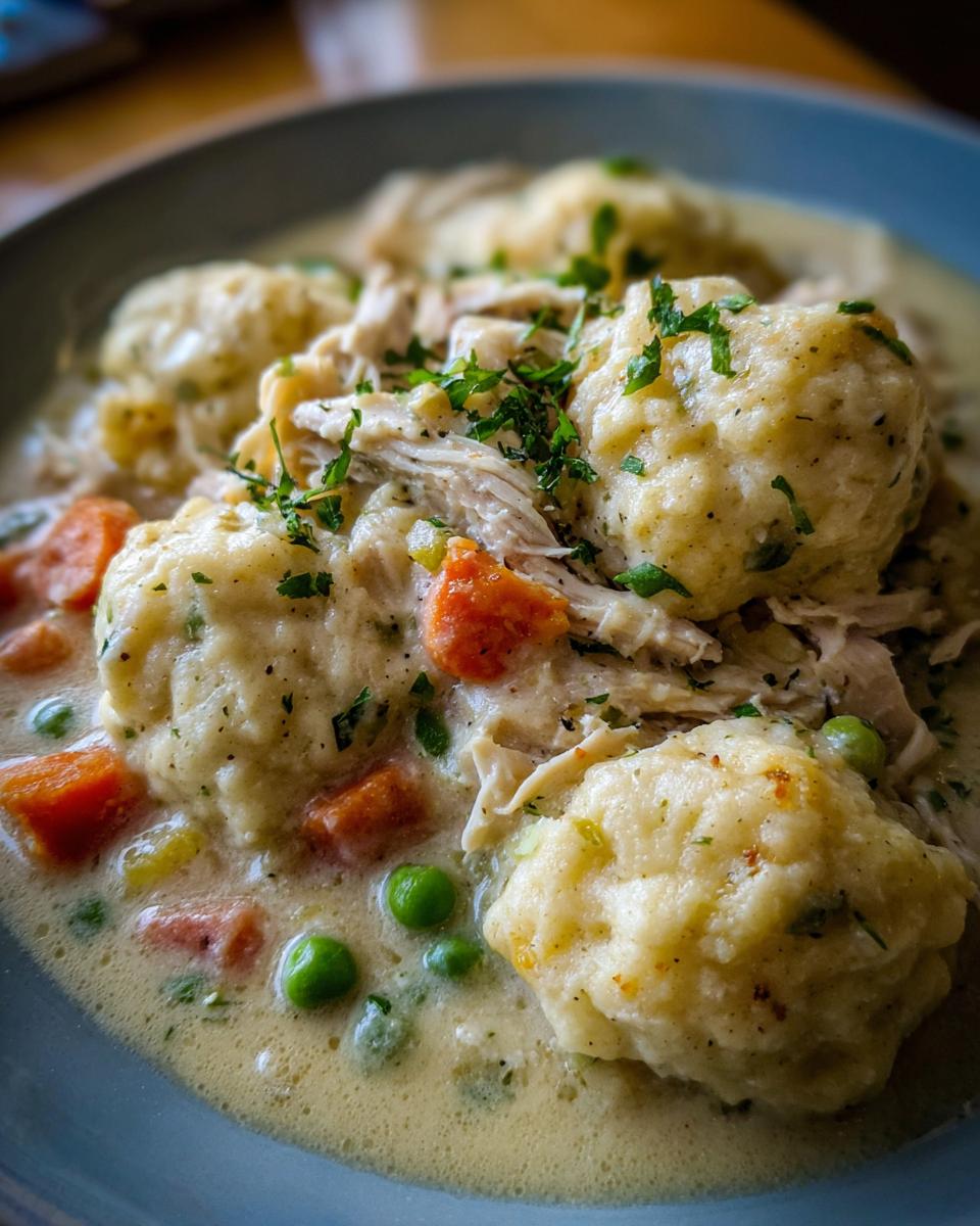 A close-up bowl of creamy slow cooker chicken and dumplings with carrots, peas, and fresh parsley garnish.