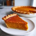 A close-up of a perfect slice of creamy sweet potato pie on a white plate, with the rest of the pie blurred in the background.