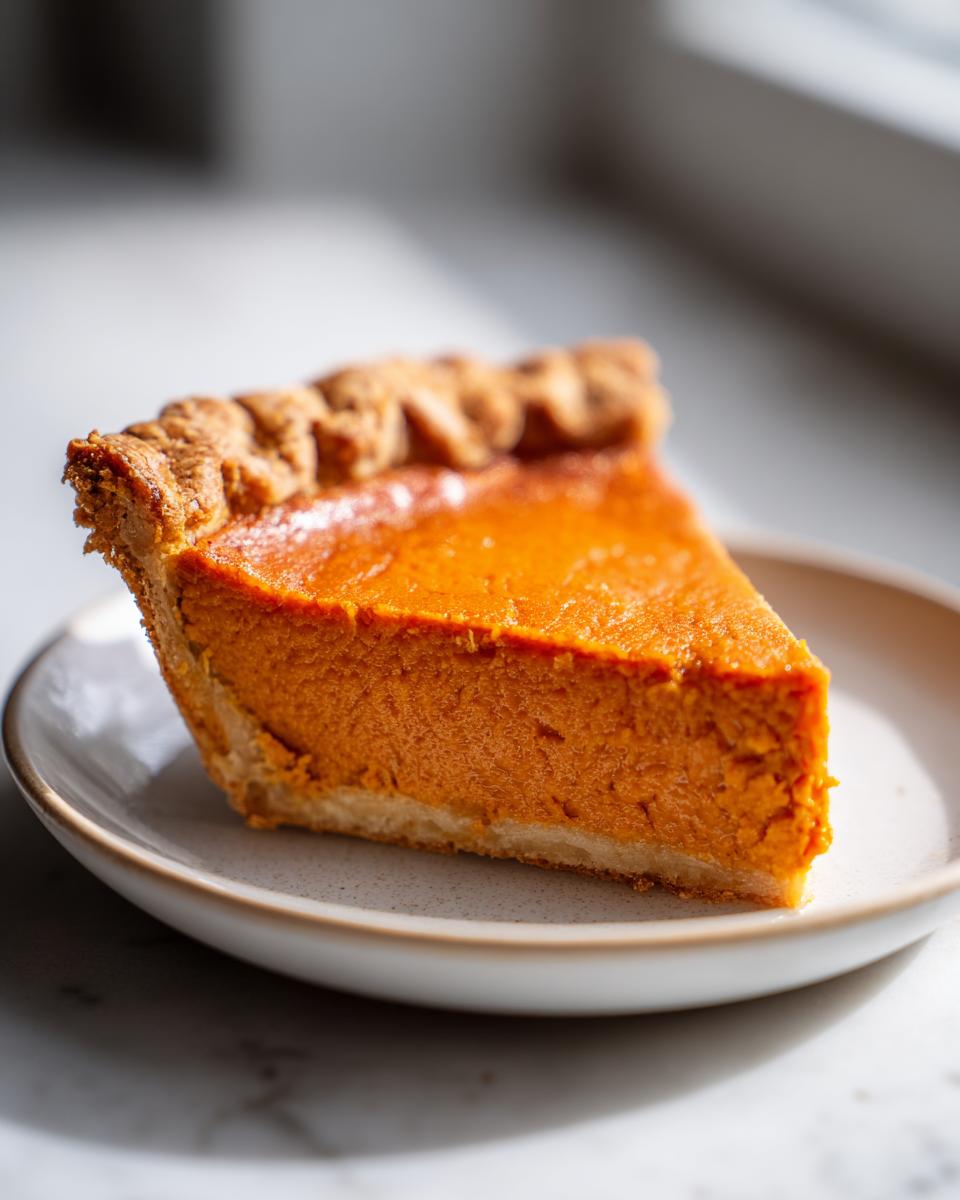 A close-up shot of a thick, creamy slice of sweet potato pie on a small white plate.