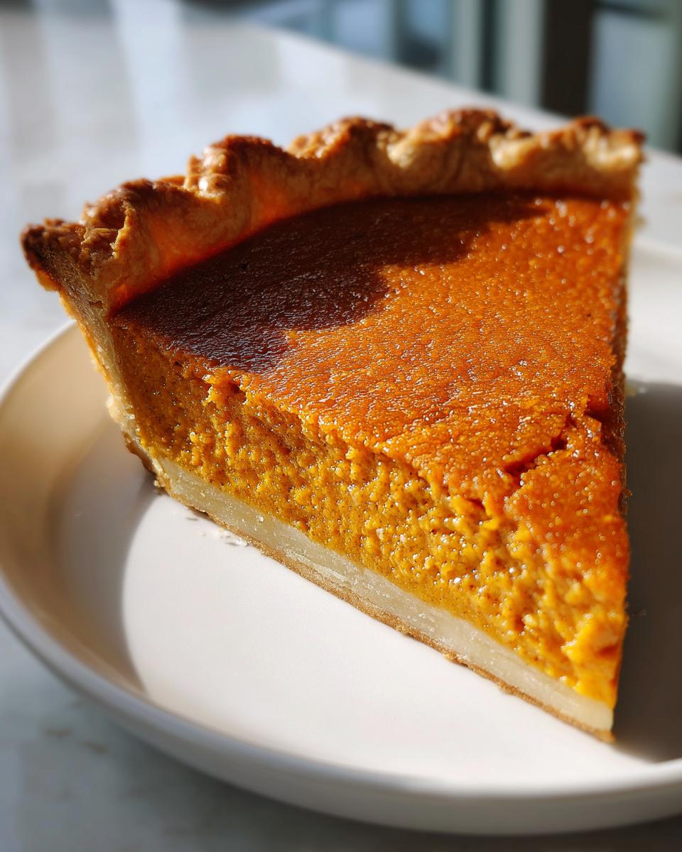 Close-up of a rich, creamy slice of sweet potato pie with a golden-brown crust on a white plate.