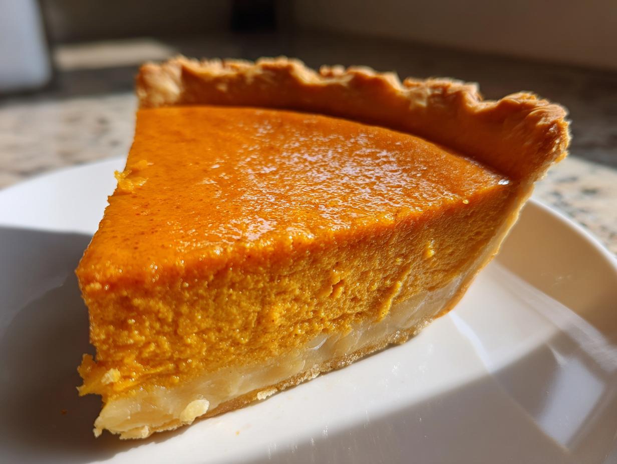 A close-up, sunlit slice of creamy sweet potato pie on a white plate.
