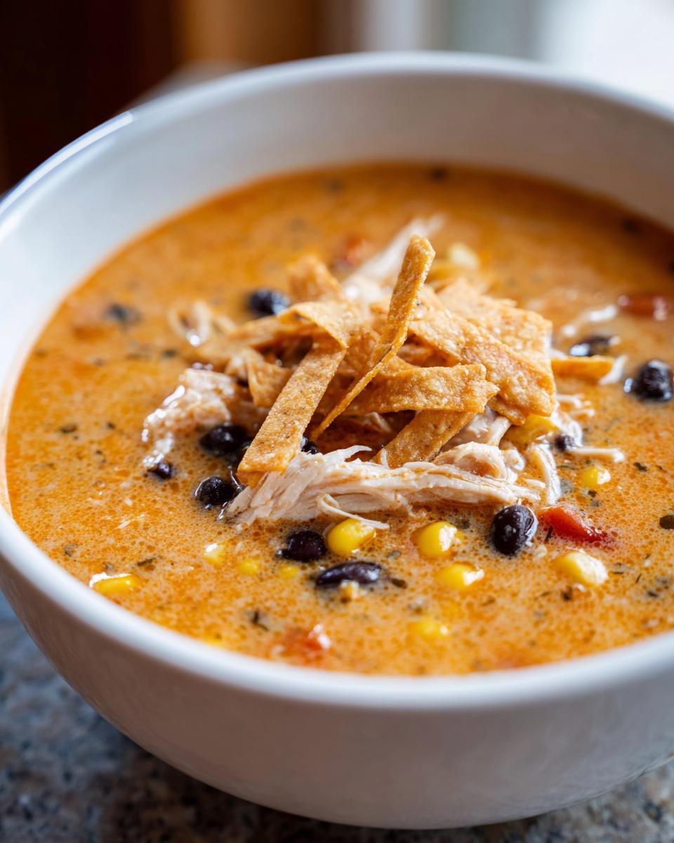 A close-up of a bowl of creamy, orange-hued tortilla soup recipe topped with shredded chicken, black beans, corn, and crispy tortilla strips.
