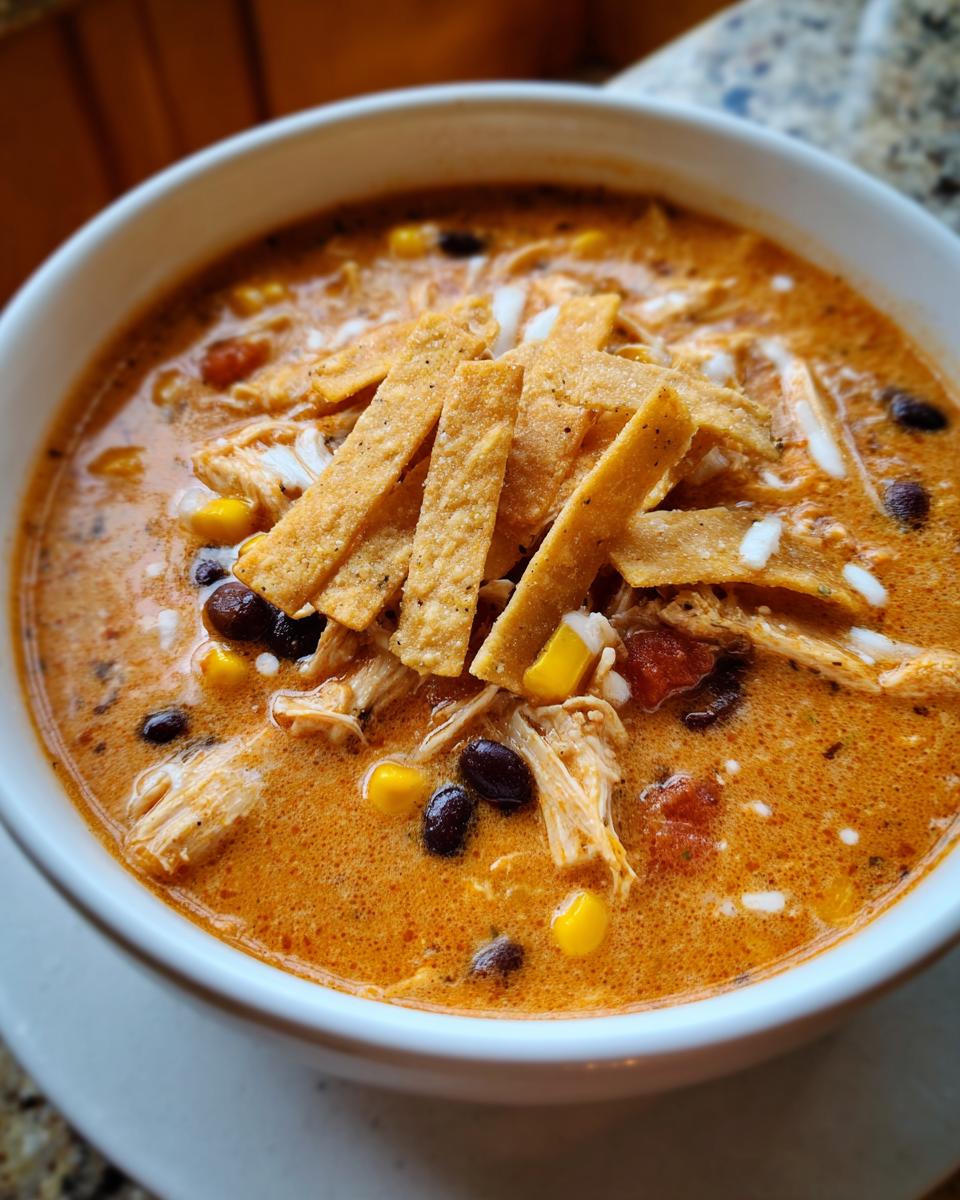 Close-up of a creamy, orange-hued tortilla soup recipe bowl filled with shredded chicken, black beans, corn, and topped with crispy tortilla strips.