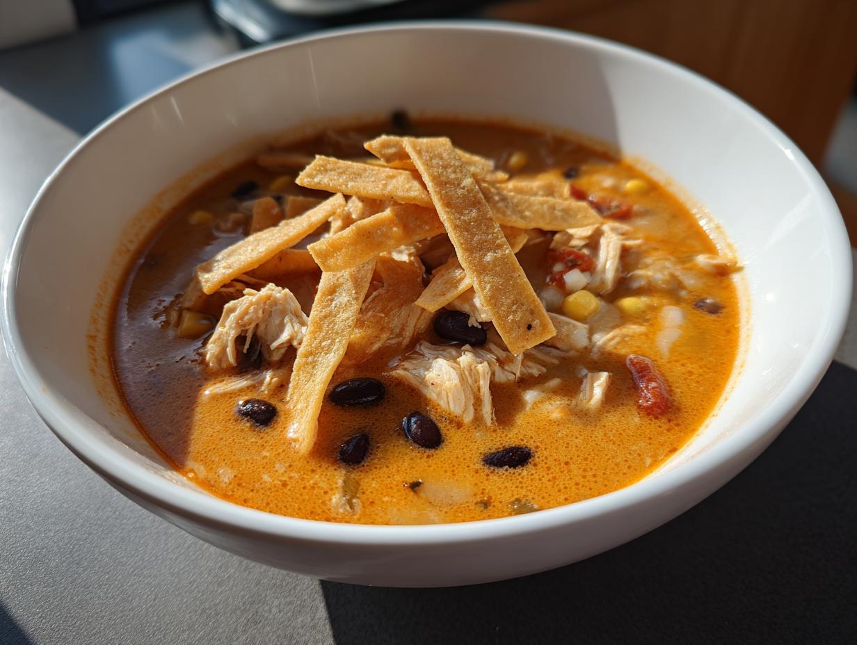 A close-up of a white bowl filled with creamy, orange-hued tortilla soup recipe, topped with shredded chicken, black beans, corn, and crispy tortilla strips.