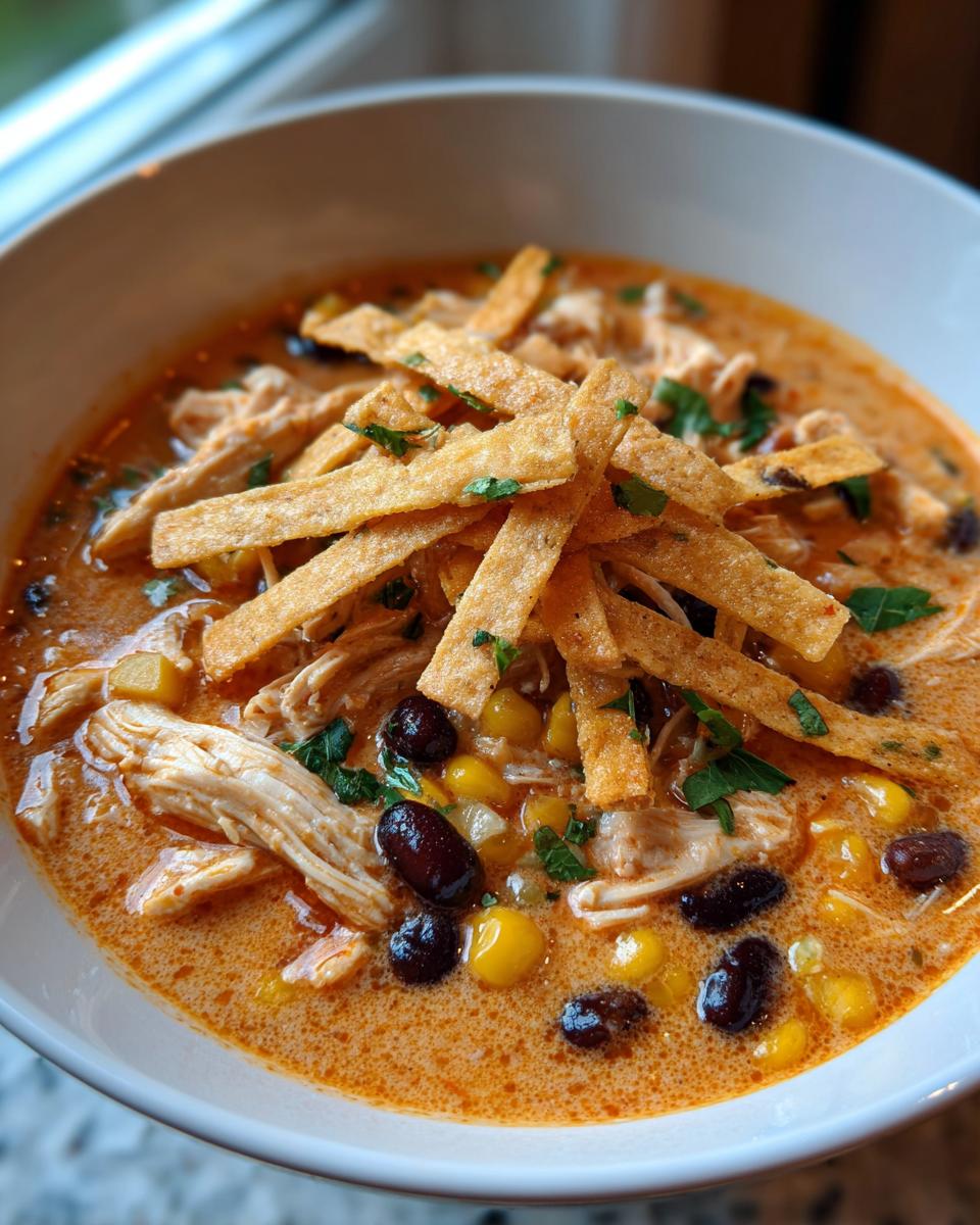 Close-up of a creamy, orange-hued tortilla soup recipe filled with shredded chicken, black beans, corn, and topped with crispy tortilla strips.