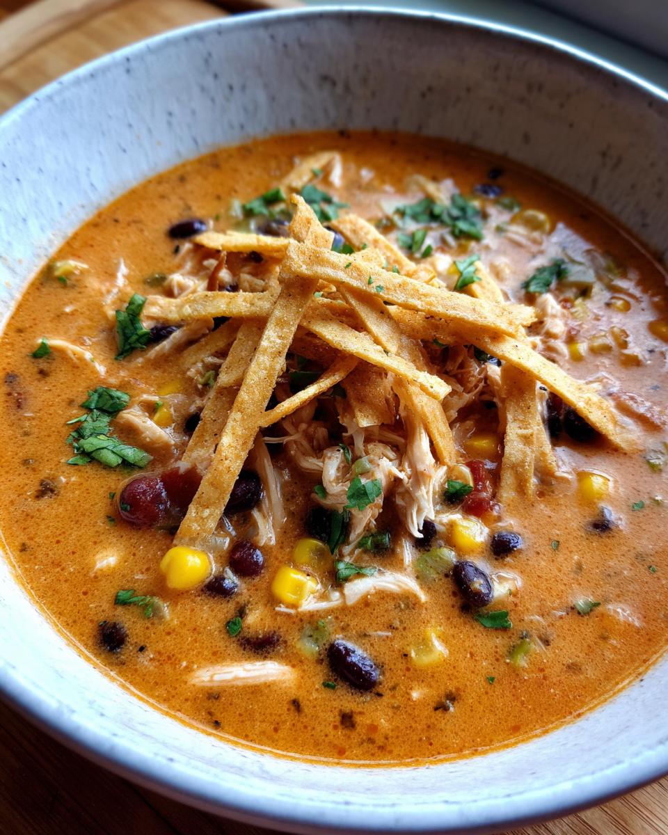 A close-up bowl of creamy, orange-hued tortilla soup recipe, topped with shredded chicken, black beans, corn, and crispy tortilla strips.