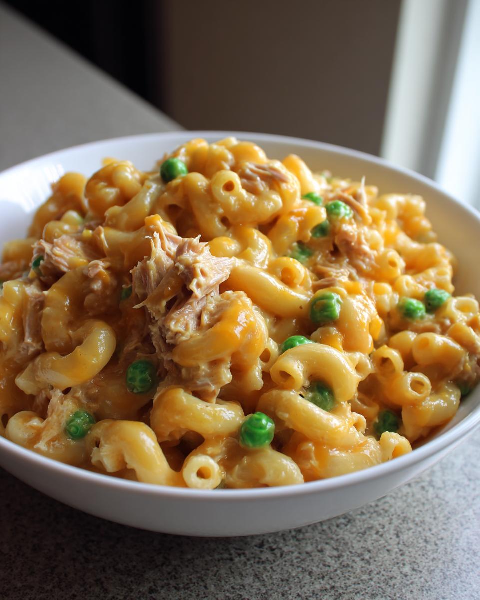 A close-up of creamy tuna pasta made with elbow macaroni, shredded tuna, and bright green peas, served in a white bowl.