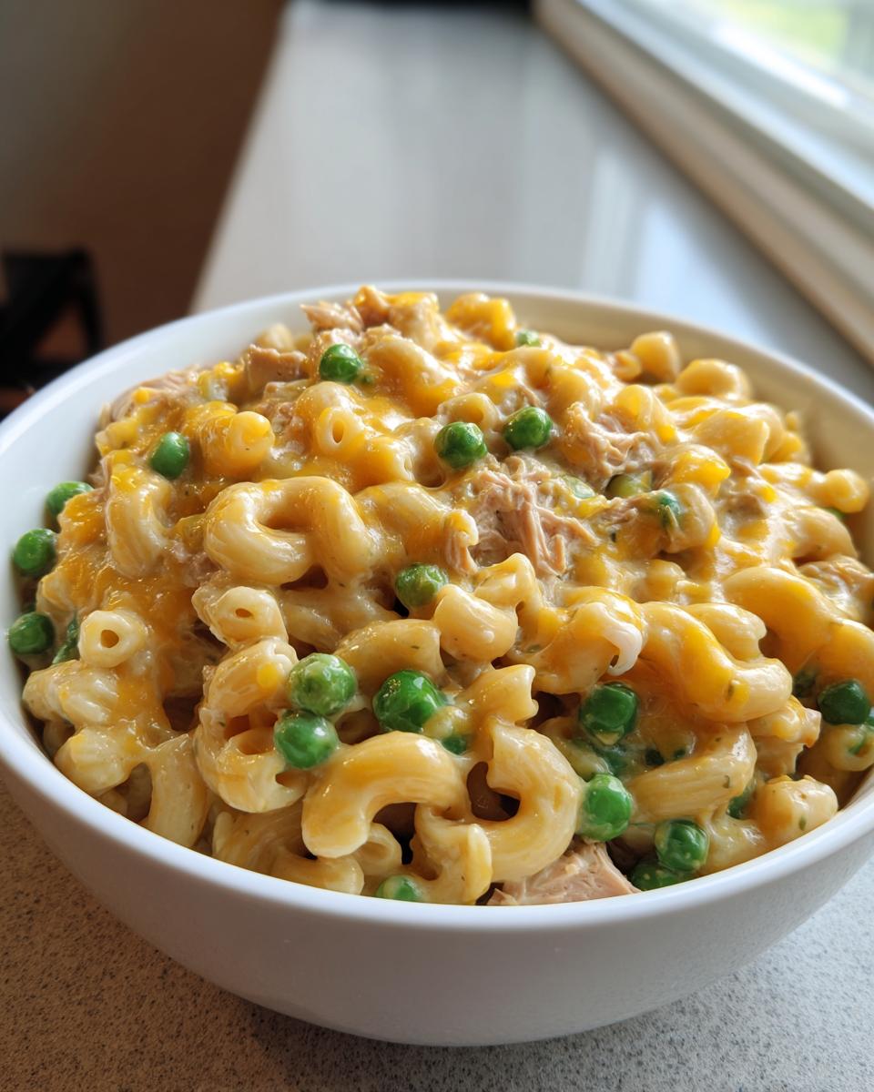 A close-up of creamy tuna pasta mixed with bright green peas and melted cheddar cheese served in a white bowl.