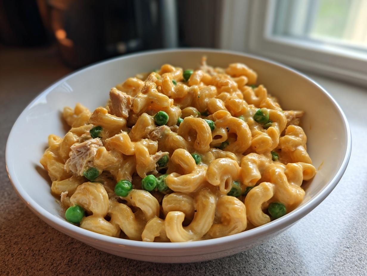 A close-up of creamy tuna pasta mixed with bright green peas served in a white bowl.