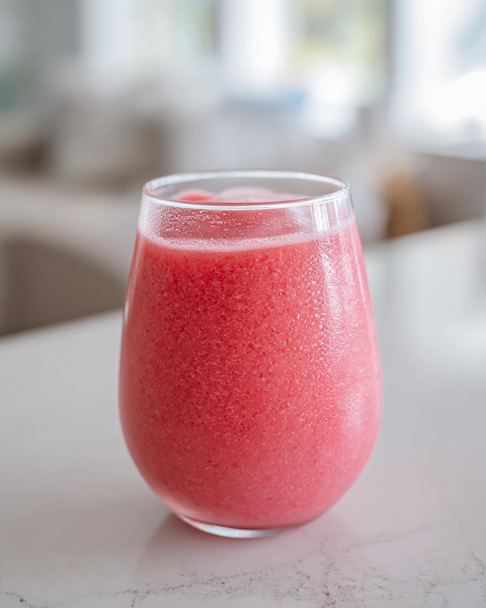 A close-up of a vibrant, icy watermelon smoothie served in a clear glass on a white countertop.