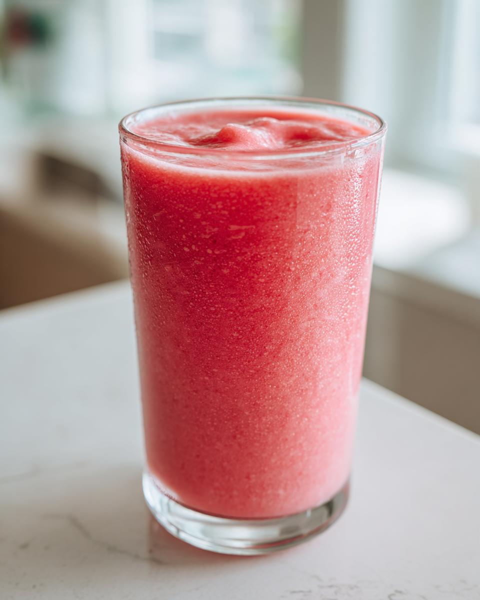 A tall glass filled with a thick, frosty, bright pink watermelon smoothie sitting on a white counter.