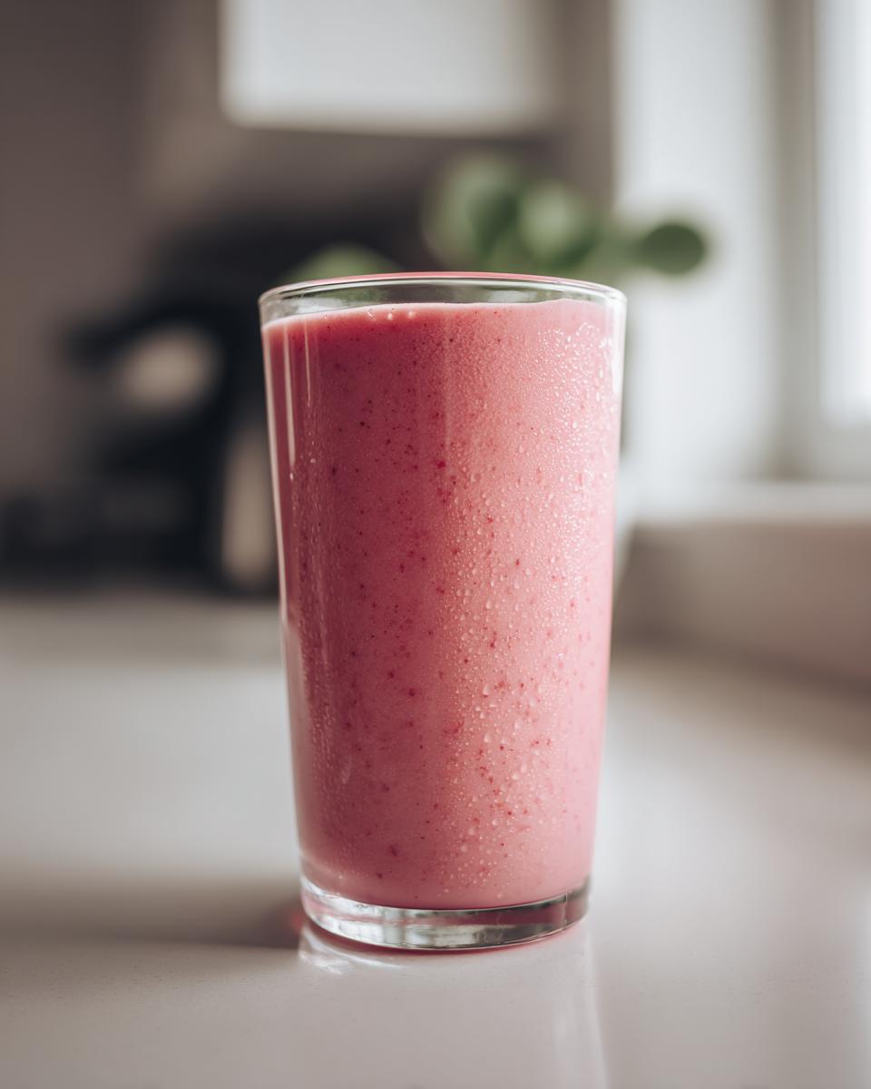 A tall glass filled with a thick, creamy pink watermelon smoothie, showing condensation droplets on the glass.